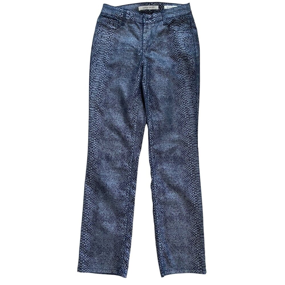 Jones New York Jeans Womens Lexington Straight Leg Snake Print Blue Shiney Sz 8